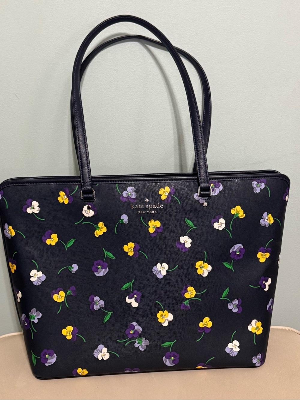 Kate Spade Leather Pansy Tote Bag Navy